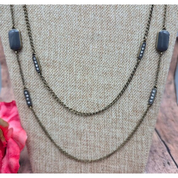 LOFT Black & Gray Double Chain Gun Metal, Enamel & Crystal Station Necklace 32" - Picture 3 of 11